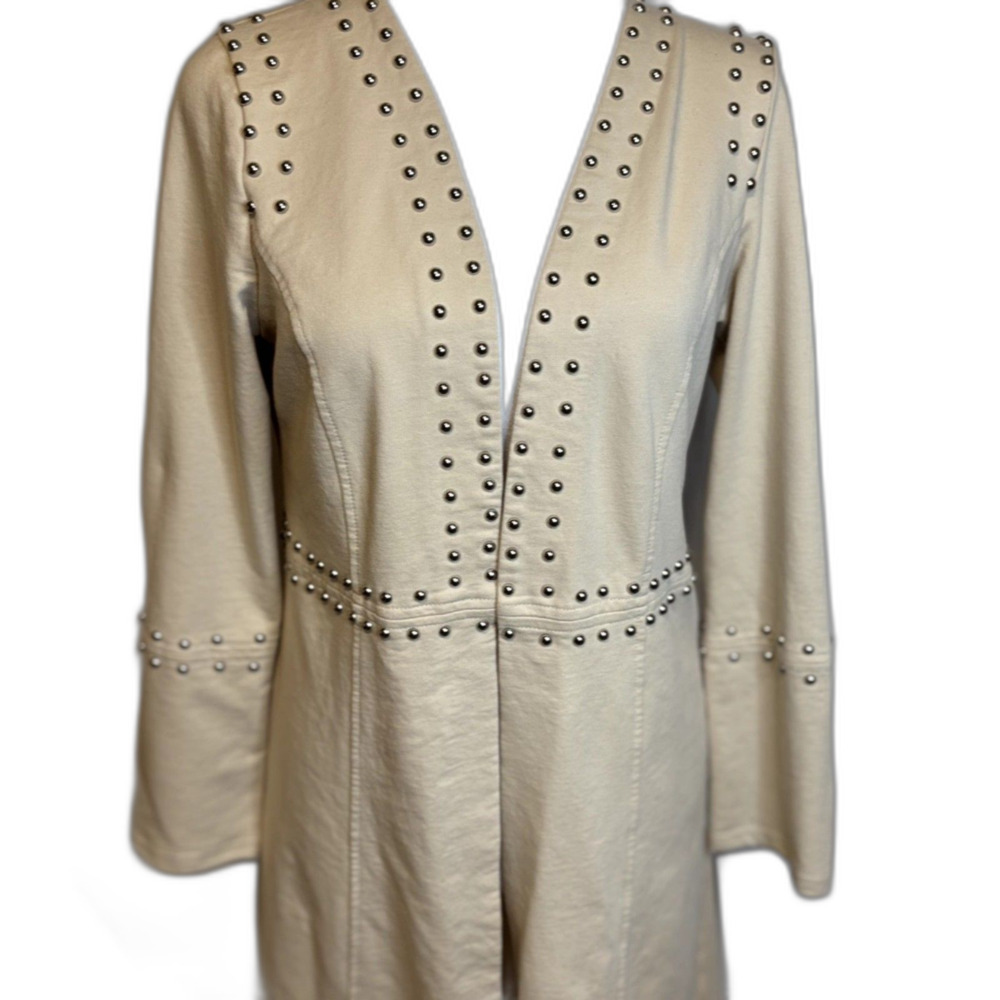 Studded Open Front Duster Cardigan Long Sleeve Beige Cream Womens